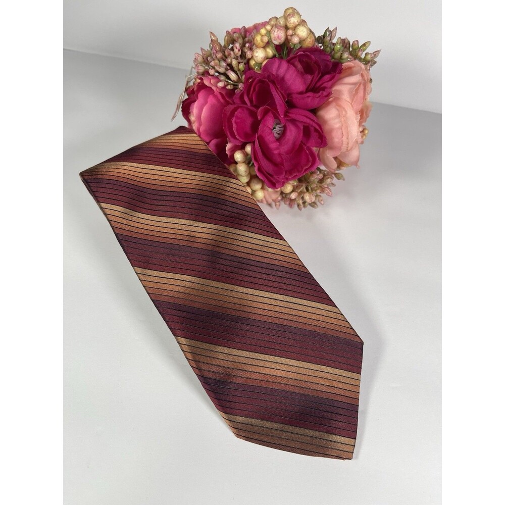 Perry Ellis Portfolio Mens Silk Tie Striped Burgundy Gold Made in USA 56 X 3.75